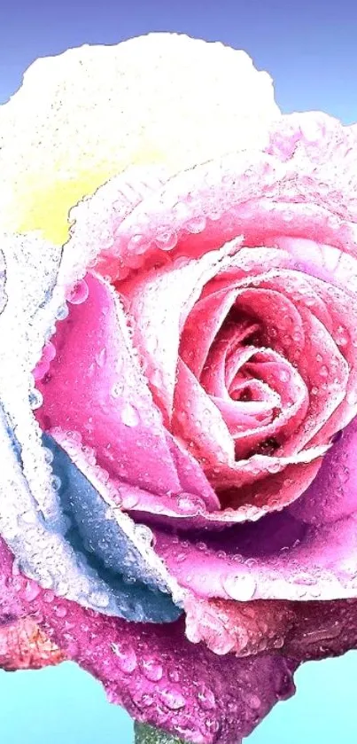 Vibrant pink rose with dewdrops on petals against a colorful background.