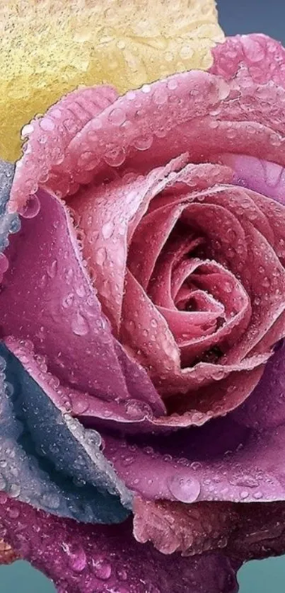 Close-up of vibrant multicolored rose with water droplets.