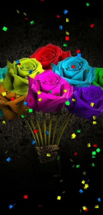 Vibrant multicolored roses on a dark background, perfect mobile wallpaper.