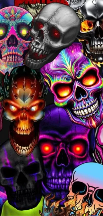 Colorful skulls with neon accents on black background.