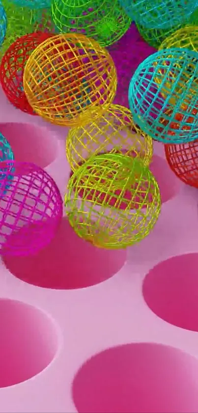 Colorful 3D spheres with vibrant pink background.