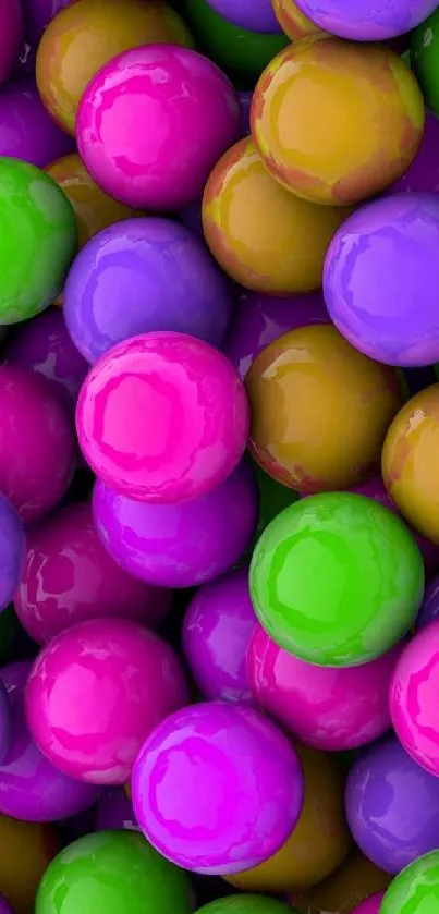 Vibrant colorful wallpaper with glossy spheres in pink, green, and purple hues.