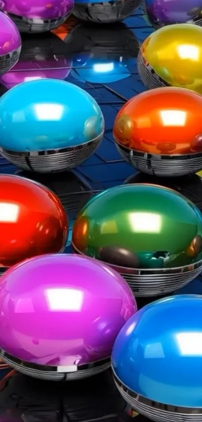 Colorful 3D spheres with glossy finish on a reflective surface.