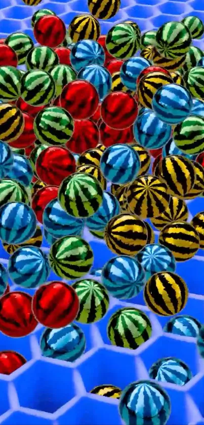 Vibrant colorful spheres on geometric blue background.