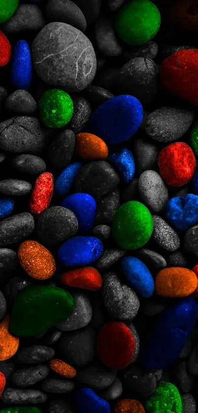 Colorful stones on a dark background, vibrant and dynamic.