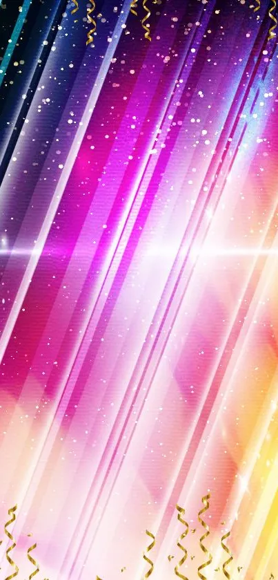 Vibrant colorful stripes wallpaper with radiant lights and confetti.