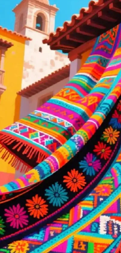 Vibrant and colorful tapestry displayed outdoors.