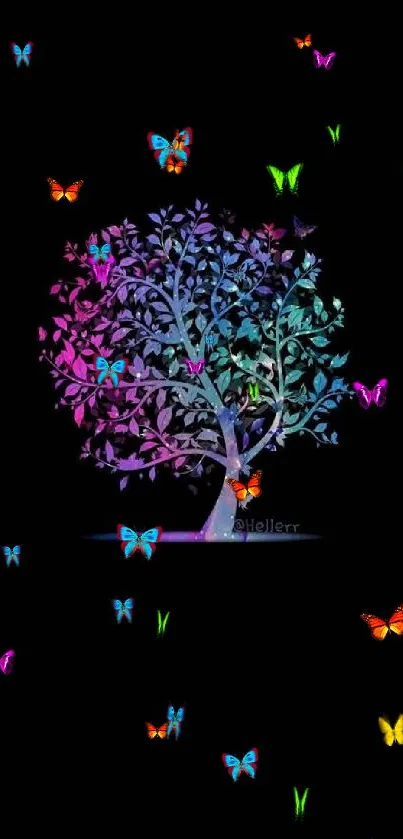 Colorful tree design on black mobile wallpaper.