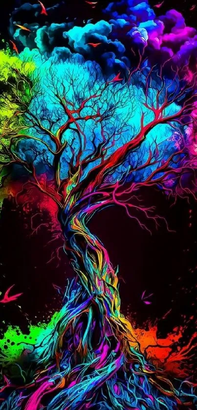 Vibrant colorful tree wallpaper with neon hues set against a dark background.