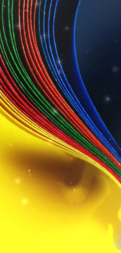 Colorful wave design with yellow background and vibrant red, green, and blue accents.