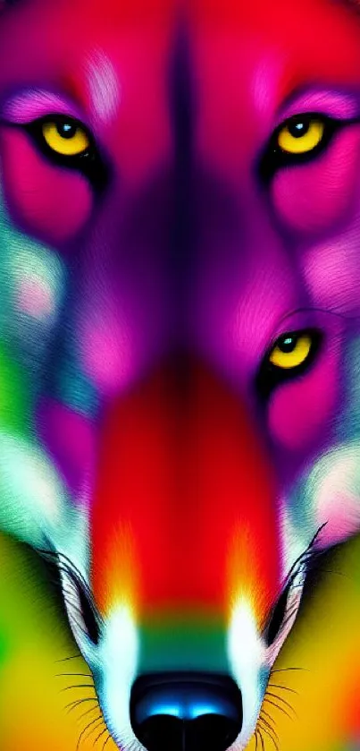 Vibrant colorful wolf art with rainbow hues.