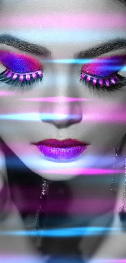 Woman's portrait with vibrant pink and purple makeup in black and white contrast.