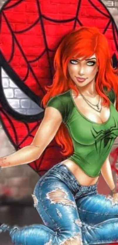 Red-haired character in superhero graffiti art.