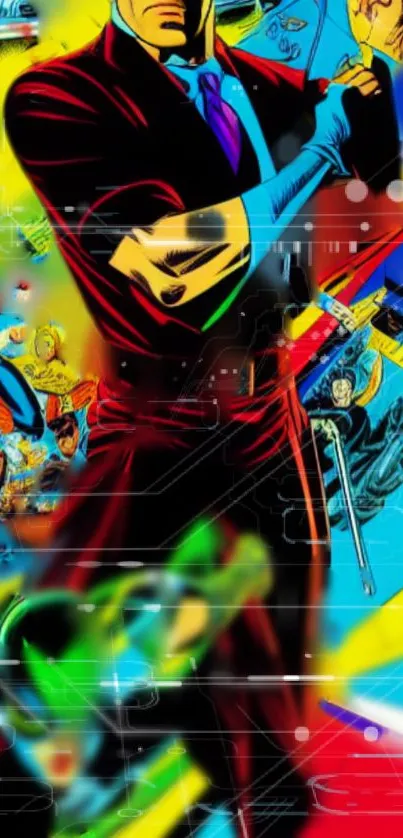 Colorful superhero comic book wallpaper with bold characters and vibrant colors.