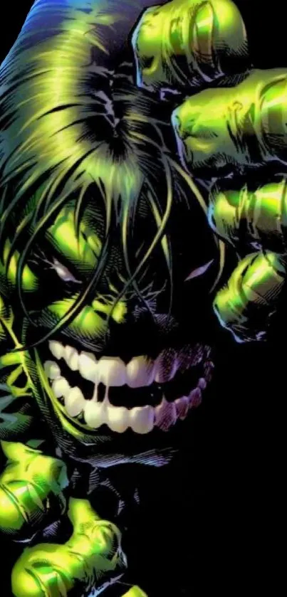 Dynamic green Hulk-themed comic book artwork on black background.