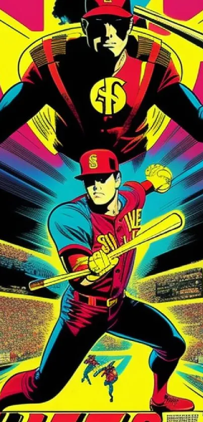 Bright comic-style baseball art with vibrant design.