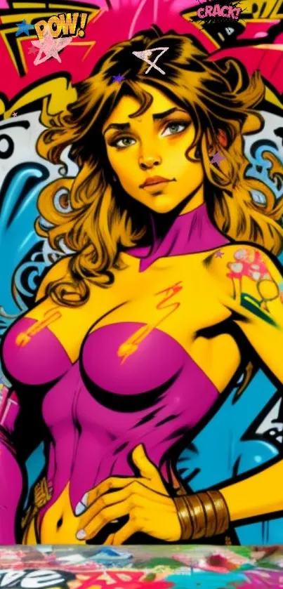 Colorful pop art wallpaper with a comic-style female figure and graffiti background.