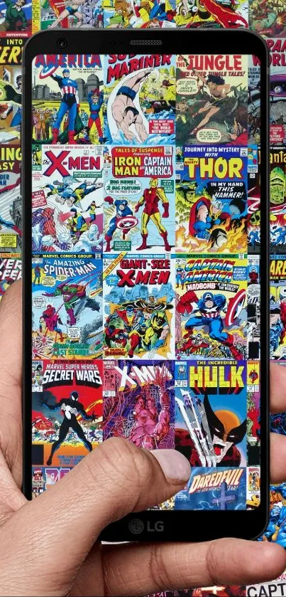 Colorful collage of iconic comic book covers for mobile wallpaper.
