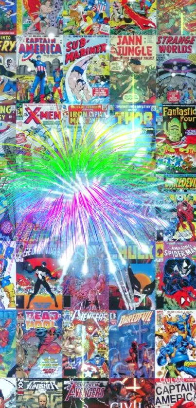 Colorful comic book collage featuring vibrant superhero covers.