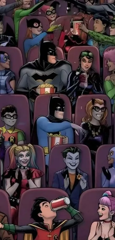 Comic book characters enjoying a cinema scene.