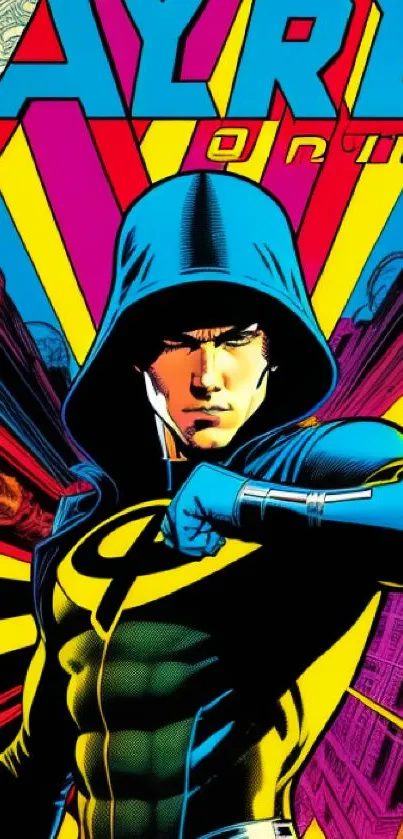 Vibrant comic book hero in dynamic yellow and blue hues.