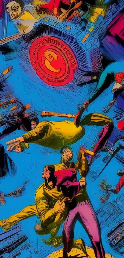 Comic book style art with vibrant blue backdrop and dynamic characters.