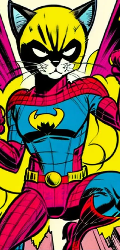 Colorful comic cat superhero wallpaper with vibrant magenta and blue hues.