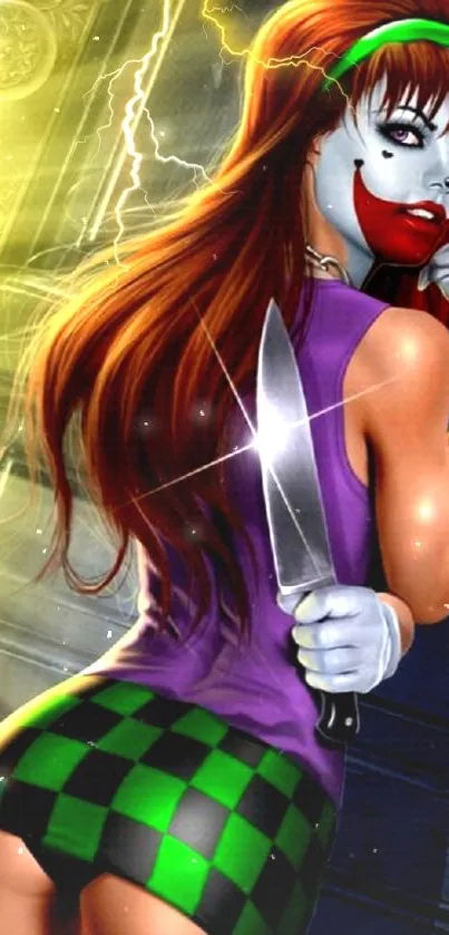 Comic-style character with knife and dramatic purple hue.