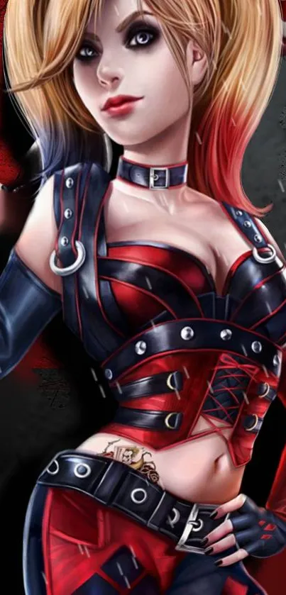 Digital art of a stylish comic character in red and black theme.