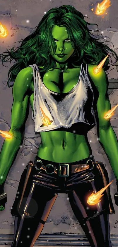 Vibrant green comic character in action scene with dynamic visuals.