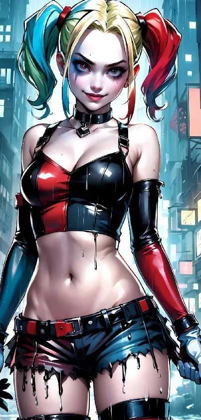 Anime character in vibrant cityscape with colorful hair and outfit.
