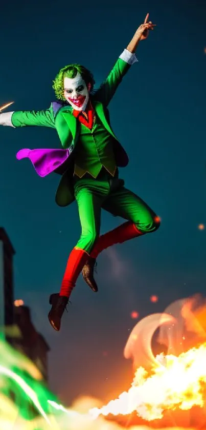 Dynamic comic character jumping in a vibrant city with neon and flames.