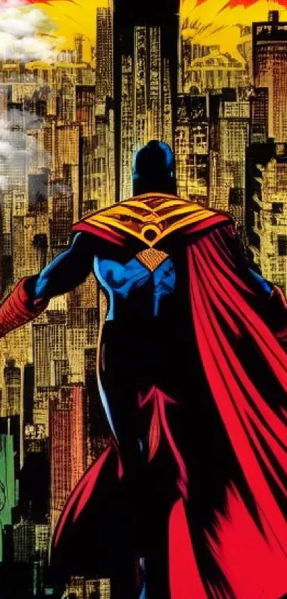 Vibrant comic cityscape with a hero in a cape overlooking a colorful skyline.