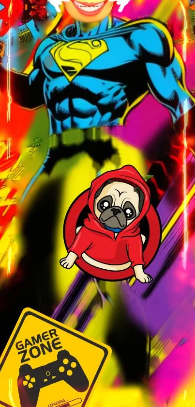 Vibrant superhero comic art with pug character and gaming elements.