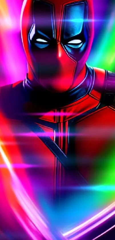 Vibrant comic hero with neon effects in vivid red, green, and blue hues.