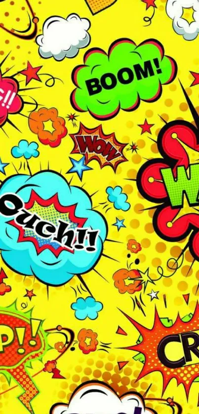 Vibrant comic pop art wallpaper with colorful speech bubbles and bold text.