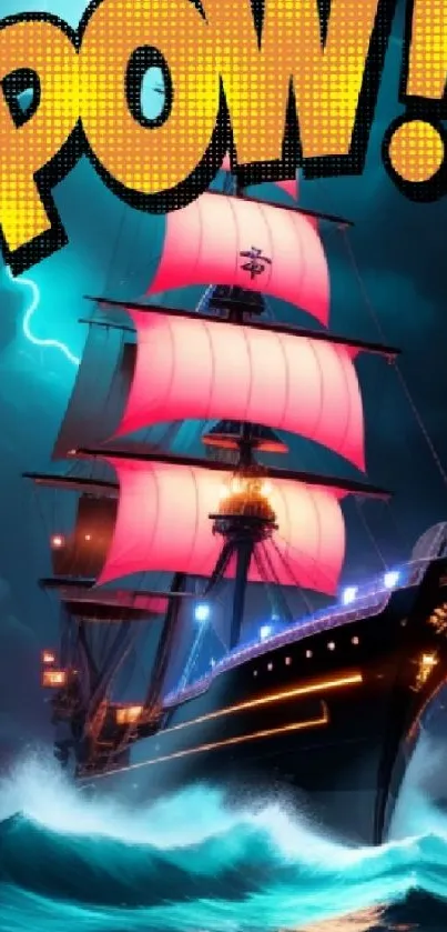 Comic-style ship on stormy sea wallpaper.