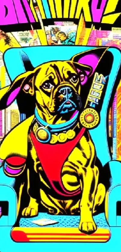 Comic style bulldog on colorful retro chair wallpaper.