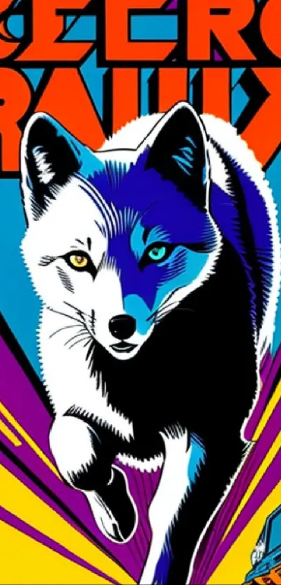 Colorful comic-style wolf charging forward with vibrant pattern.