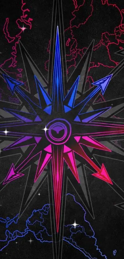 Vibrant compass art with pink, blue colors on dark map.