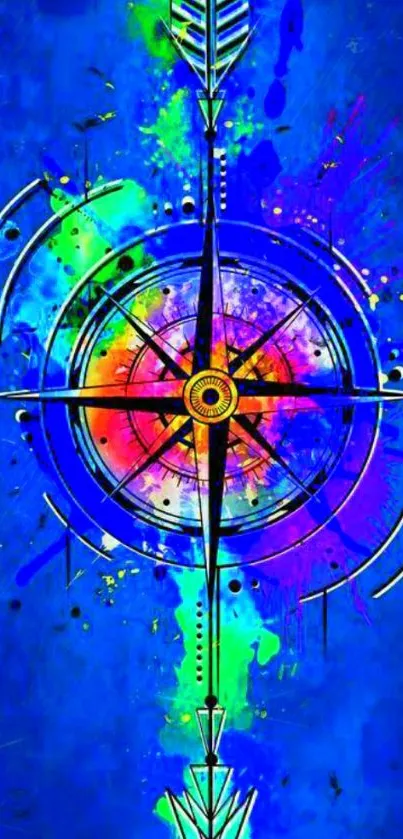 Colorful compass design on blue background.