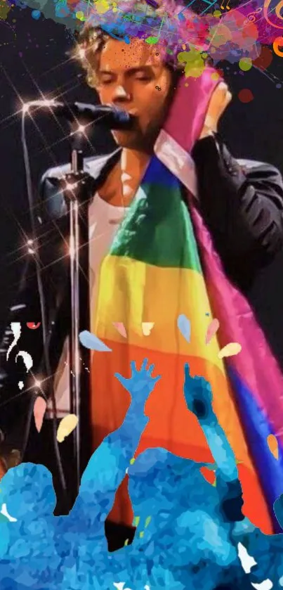 Vibrant concert scene with rainbow flag and crowd.