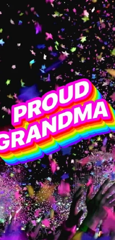 Vibrant concert scene with colorful confetti and 'Proud Grandma' text.