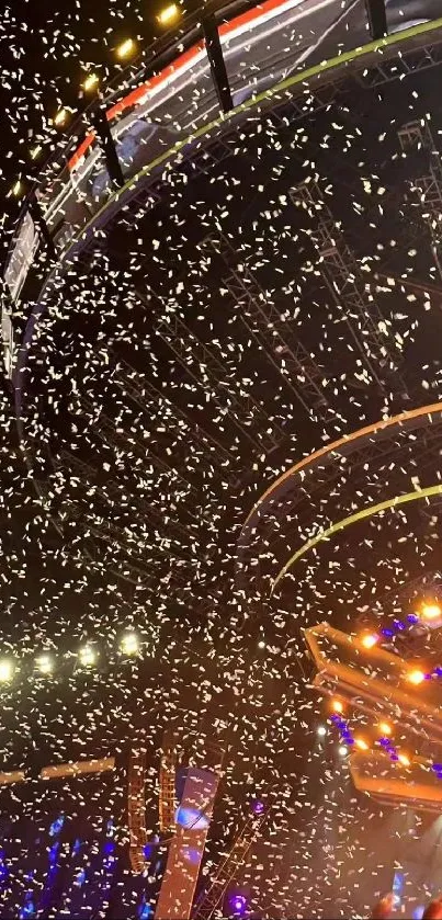 Concert celebration with lights and confetti cascading during a live event.