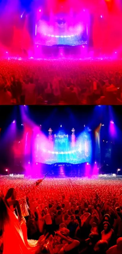 Energetic concert crowd with vivid red lights at a music festival.