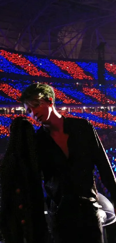 Concert stage with blue and red lights creating a vibrant atmosphere.