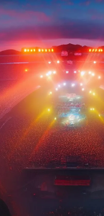 Vibrant concert scene with dazzling lights and lively crowd at night.