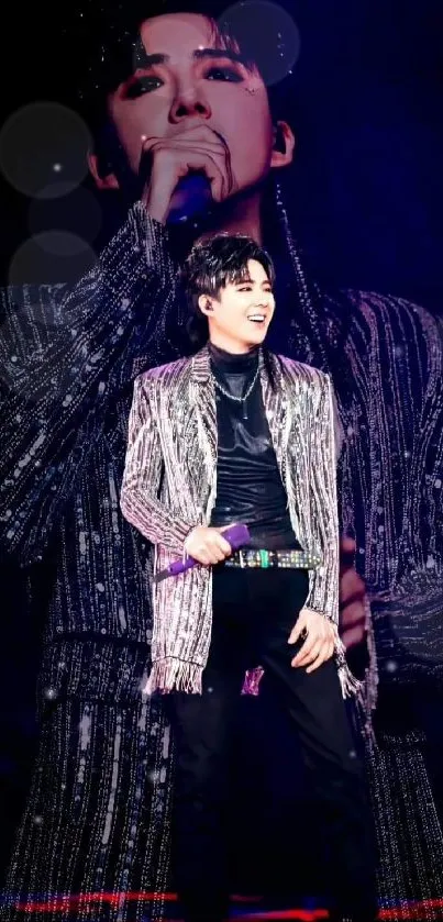 Energetic performer on stage in glittering attire during a vibrant concert.