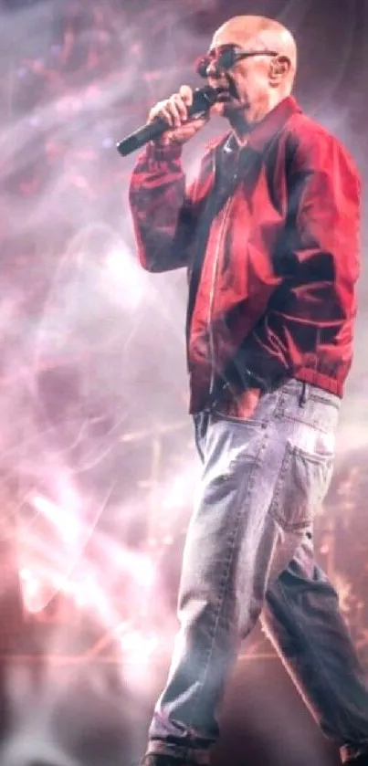 Energetic performer on stage in red jacket with vibrant lighting.