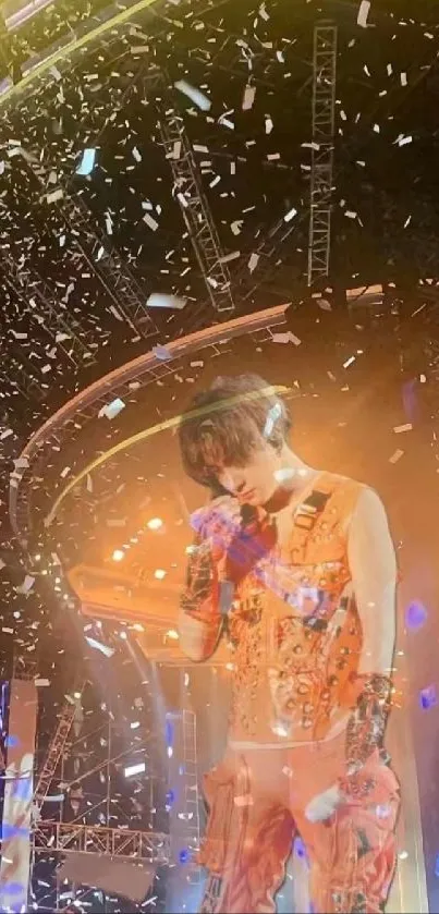 Energetic performer on stage with vibrant lights and confetti effects.